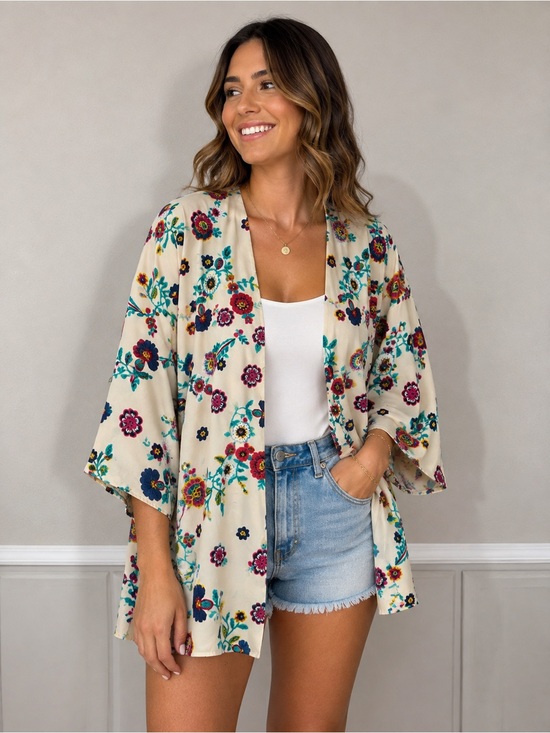 Tops - Floral Open-Front Kimono in Cream